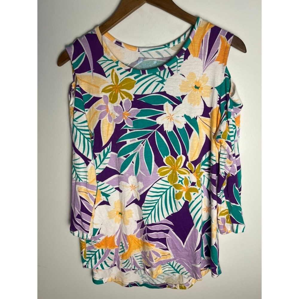 Palm Grove Wm M Cold Shoulder Tropical Floral Top Purple Green 3/4 Sleeve Resort